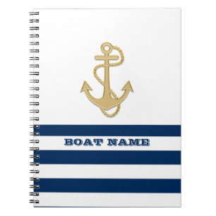 Carnet Nautique, Ancre d'Or  Bleu Marine Rayures Blanches