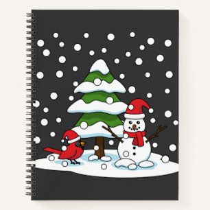 Carnet Neige tombant sur Cardinal, Snowman et Pine Tree