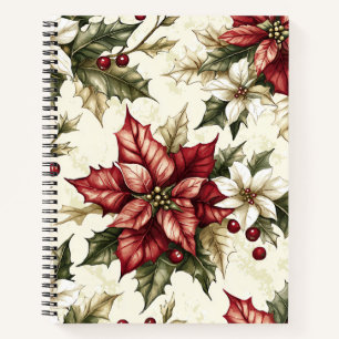 Carnet Noël Poinsettia Holly Crème Vintage Rouge