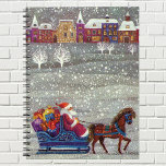 Carnet Noël Vintage, Cheval du Père Noël<br><div class="desc">Illustration vintage Victorian Joyeux Noël image montrant un joyeux Père Noël à cheval dans un traîneau ouvert le soir de Noël. Il neige pendant l'hiver avec une ville endormie au loin. Des arbres blancs recouverts de branches recouvertes de neige tandis que des flocons tombent doucement du ciel nocturne.</div>