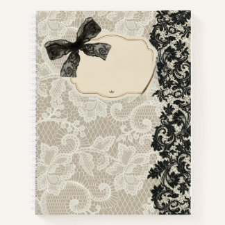 Carnet Nœud de ruban noir élégant et bordure en damas flo
