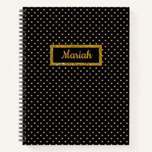 Carnet Noir avec Coeurs d'or et Parties scintillant d'or