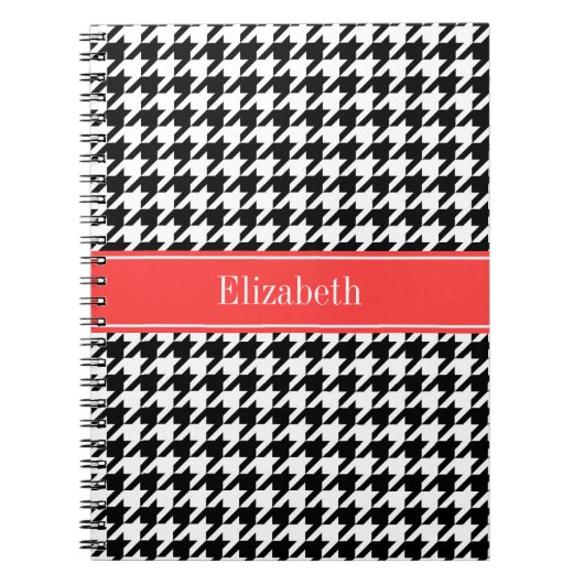Carnet Noir Blanc Cannelé Corail Rouge Monogramme Nom (Devant)