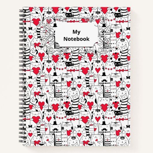 Carnet Noir Blanc Cute Chat Coeur Rouge (Devant)