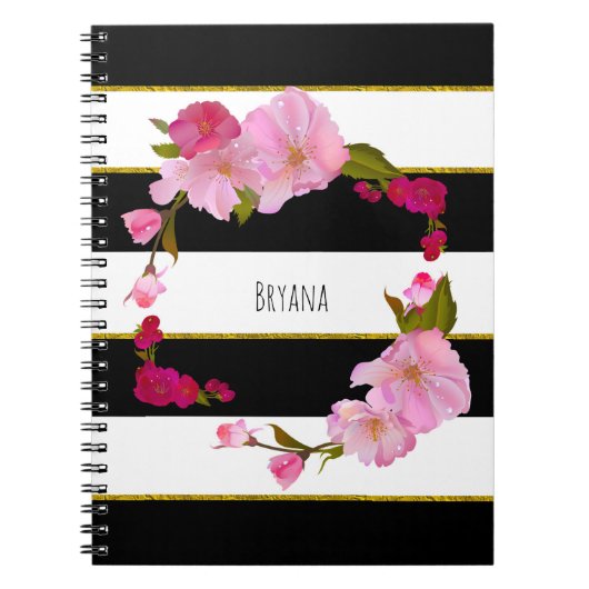 Carnet Noir blanc et or Moderne Floral Chic Glam (Devant)