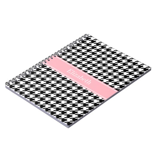 Carnet Noir Blanc Houndstooth Pink Nom Monogramme (Côté gauche)
