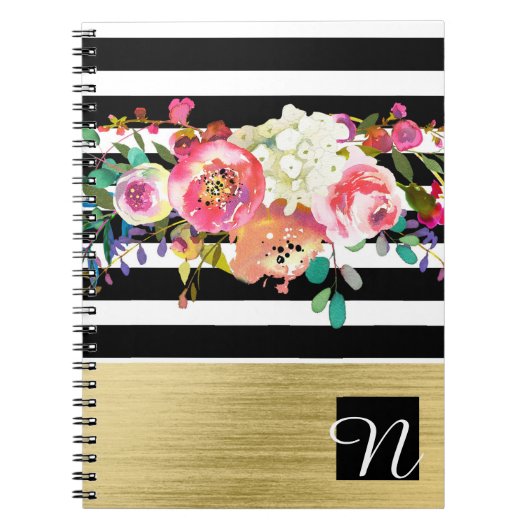 Carnet Noir Blanc Or Moderne Glam Floral Élégant Chic (Devant)