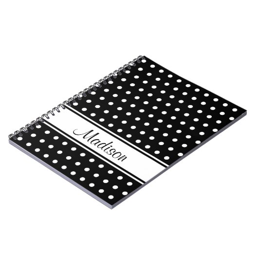 Carnet Noir blanc Polka Dot Stripe Nom du script (Côté gauche)