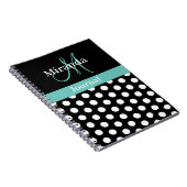 Carnet Noir Blanc Turquoise Vert Monogramme Script Polka  (Côté Droit)