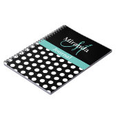 Carnet Noir Blanc Turquoise Vert Monogramme Script Polka  (Côté gauche)