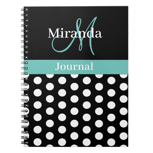 Carnet Noir Blanc Turquoise Vert Monogramme Script Polka  (Devant)