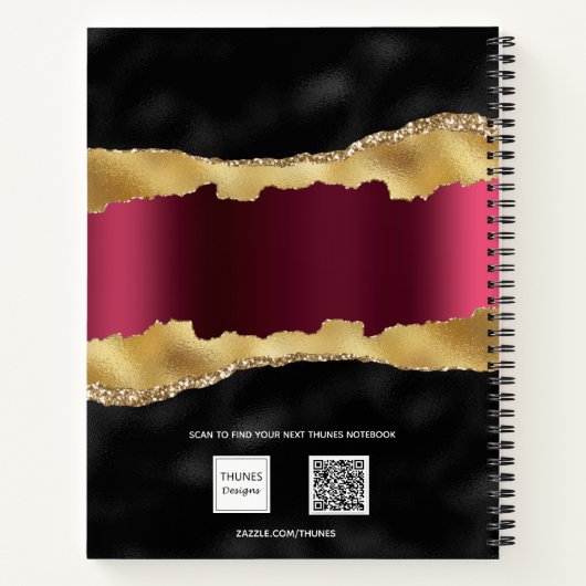 Carnet Noir bordeaux or agate marbre nom script (Dos)