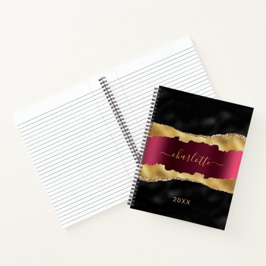 Carnet Noir bordeaux or agate marbre nom script (Intérieur)