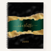 Carnet Noir émeraude vert or agate marbre nom script (Devant)