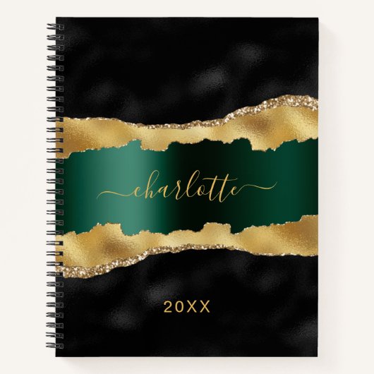 Carnet Noir émeraude vert or agate marbre nom script (Devant)