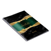 Carnet Noir émeraude vert or agate marbre nom script (Côté Droit)