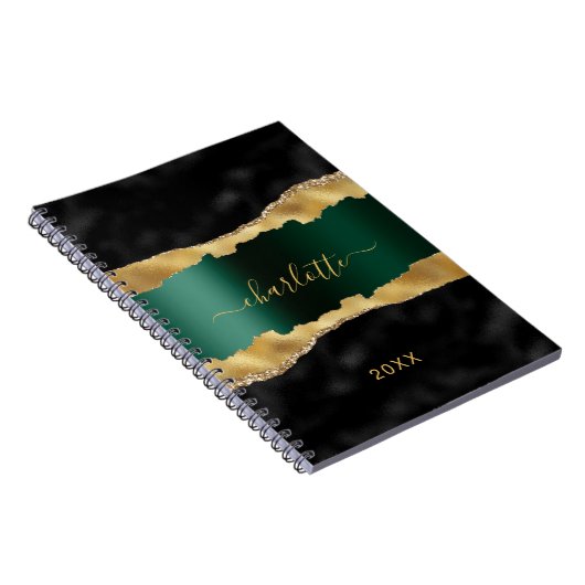 Carnet Noir émeraude vert or agate marbre nom script (Côté Droit)