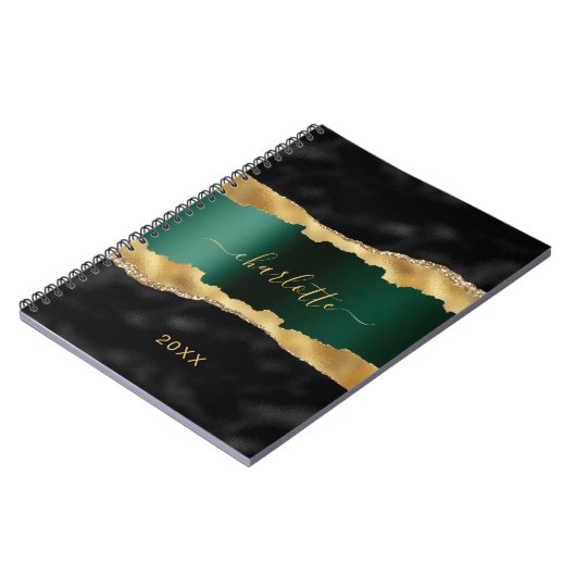 Carnet Noir émeraude vert or agate marbre nom script (Côté gauche)