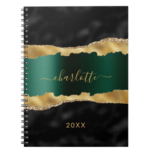 Carnet Noir émeraude vert or agate marbre nom script (Devant)