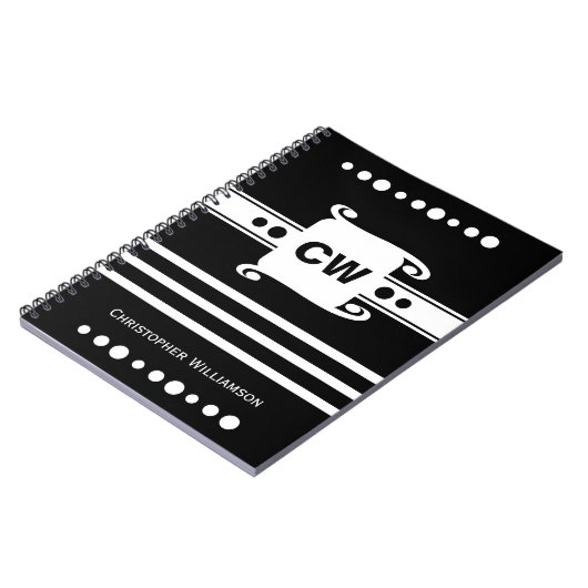 Carnet Noir et blanc ajouter les initiales nom strié (Côté gauche)