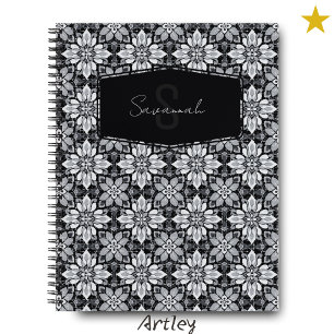 Carnet Noir et blanc Floral Espagnol Nom Carrelage Monogr