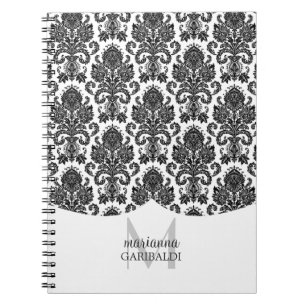 Carnet Noir et blanc moderne de damassé personnalisé