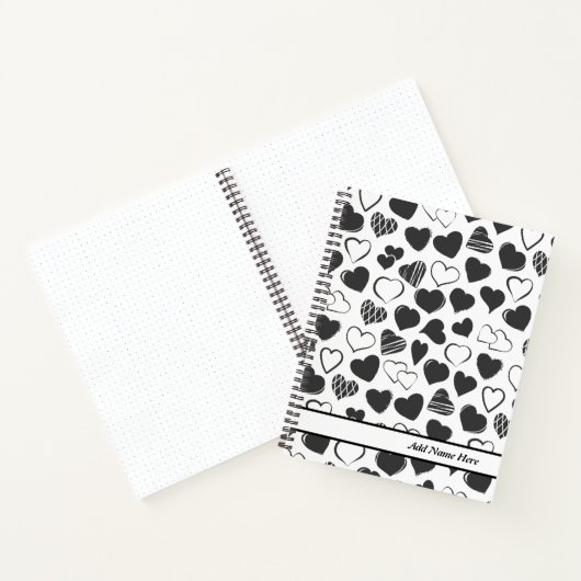 Carnet Noir et Coeur Blanc moderne Nom personnalisable (Intérieur)