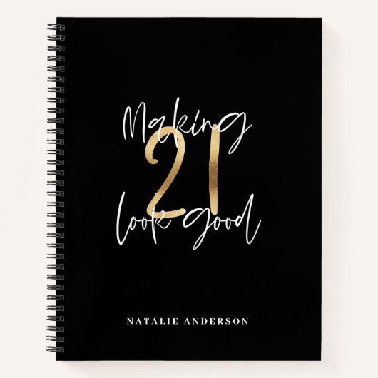 Carnet Noir et or 21e anniversaire script moderne design (Devant)
