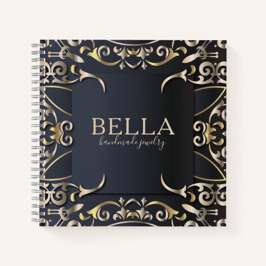 Carnet Noir et Or Luxe Chic Baroque Nom d'entreprise (Devant)