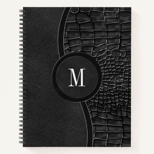 Carnet Noir Faux Alligator Cuir Peau Luxe Monogramme (Devant)