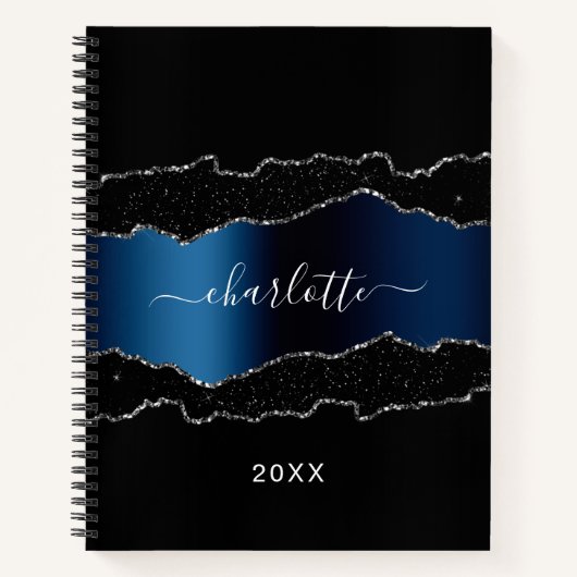 Carnet Noir marine bleu argenté marbre nom script (Devant)