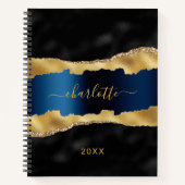 Carnet Noir marine bleu or agate marbre nom script (Devant)