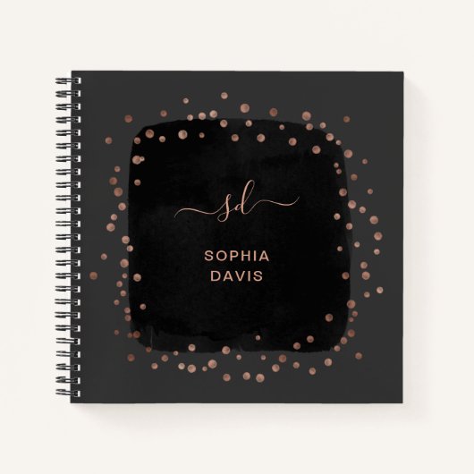 Carnet Noir moderne avec points d'or Rose Faux (Devant)