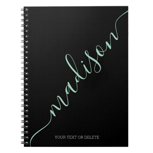 Carnet Noir moderne Mint Vert Nom manuscrit Monogramme (Devant)