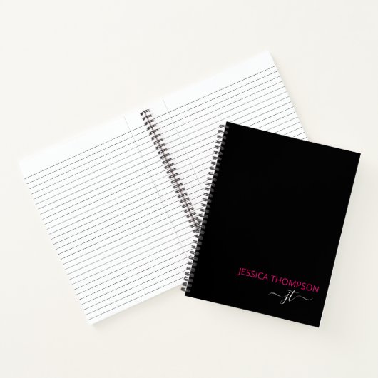 Carnet Noir moderne rose chaud Simple Script Monogramme N (Intérieur)