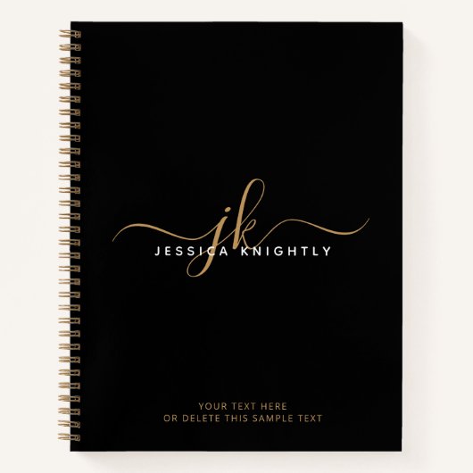Carnet Noir moderne Script Monogramme Initiales Nom (Devant)