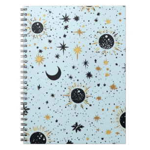 Carnet Noir, Or et Bleu Soleil Lune Étoiles Célestes