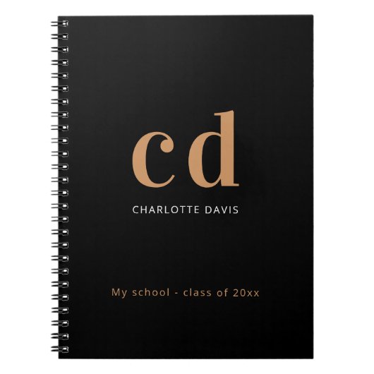 Carnet Noir or monogramme initiales nom minimaliste (Devant)