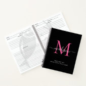 Carnet Noir rose chaud Magenta Monogramme Nom du script R (Intérieur)