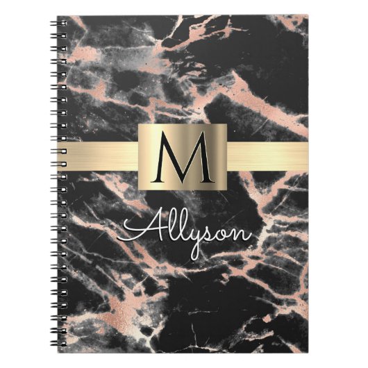 Carnet Noir & Rose Gold Marble Boîte, Nom & Monogramme (Devant)