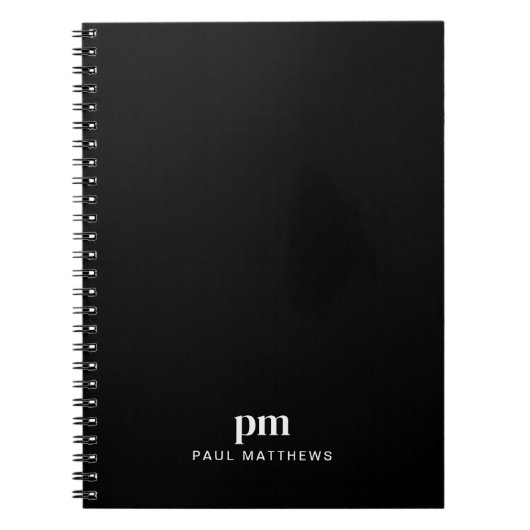 Carnet Noir Sleek Professiona Monogramme Initiales et nom (Devant)