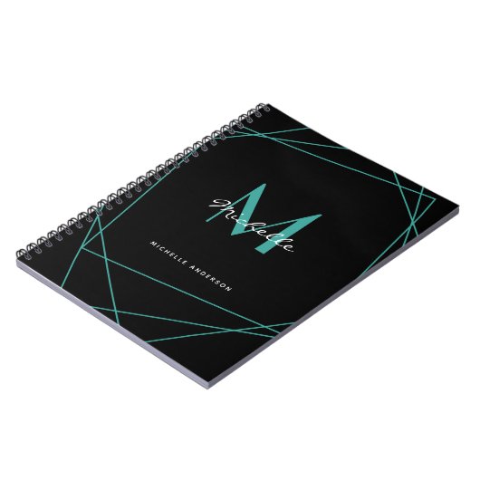 Carnet Noir Turquoise Monogramme Nom Script initial (Côté gauche)