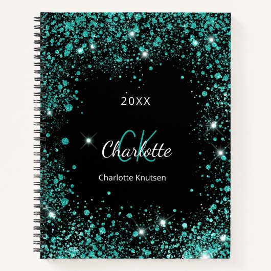 Carnet Noir turquoise parties scintillant poussière vert  (Devant)