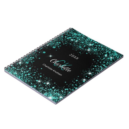 Carnet Noir turquoise parties scintillant poussière vert (Côté gauche)