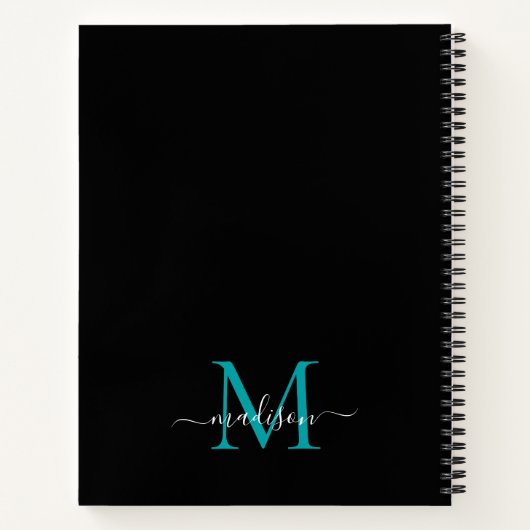 Carnet Noir Turquoise Vert Fille Monogramme Nom du script (Dos)