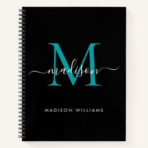 Carnet Noir Turquoise Vert Fille Monogramme Nom du script