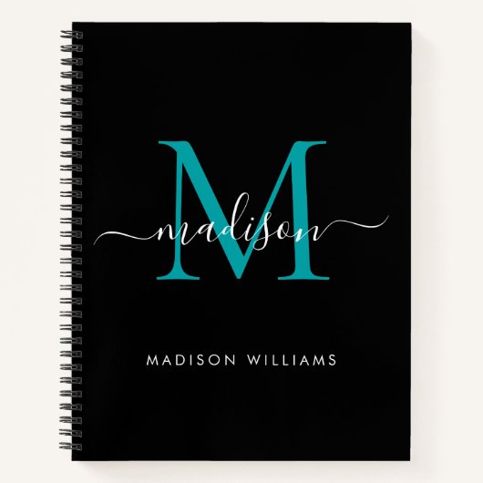 Carnet Noir Turquoise Vert Fille Monogramme Nom du script (Devant)