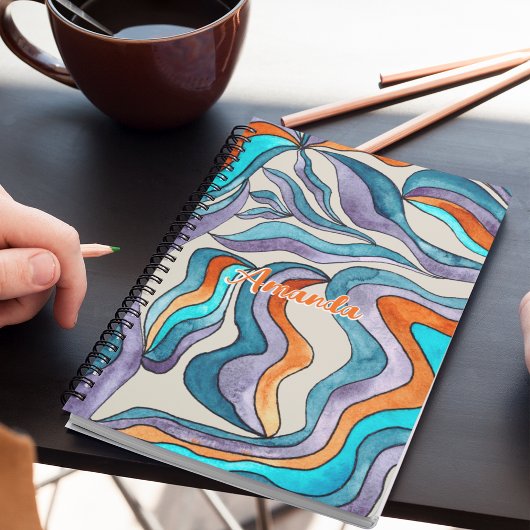 Carnet Nom Bleu Écriture Ondulée Groovy Rétro Retour à l'