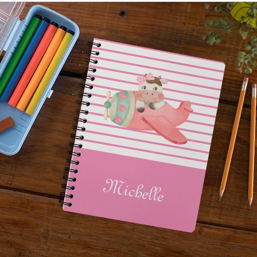 Carnet Nom & Cute Aquarelle vache dans l'avion, Whimsical