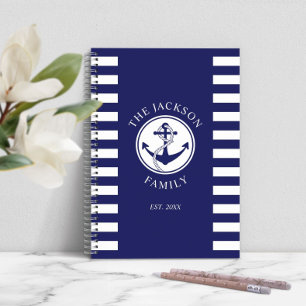 Carnet Nom de famille motif d'ancre marine rayures bleues